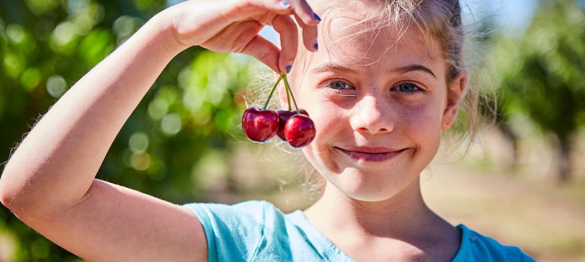 A girl holding a pair of freshly picked cherries